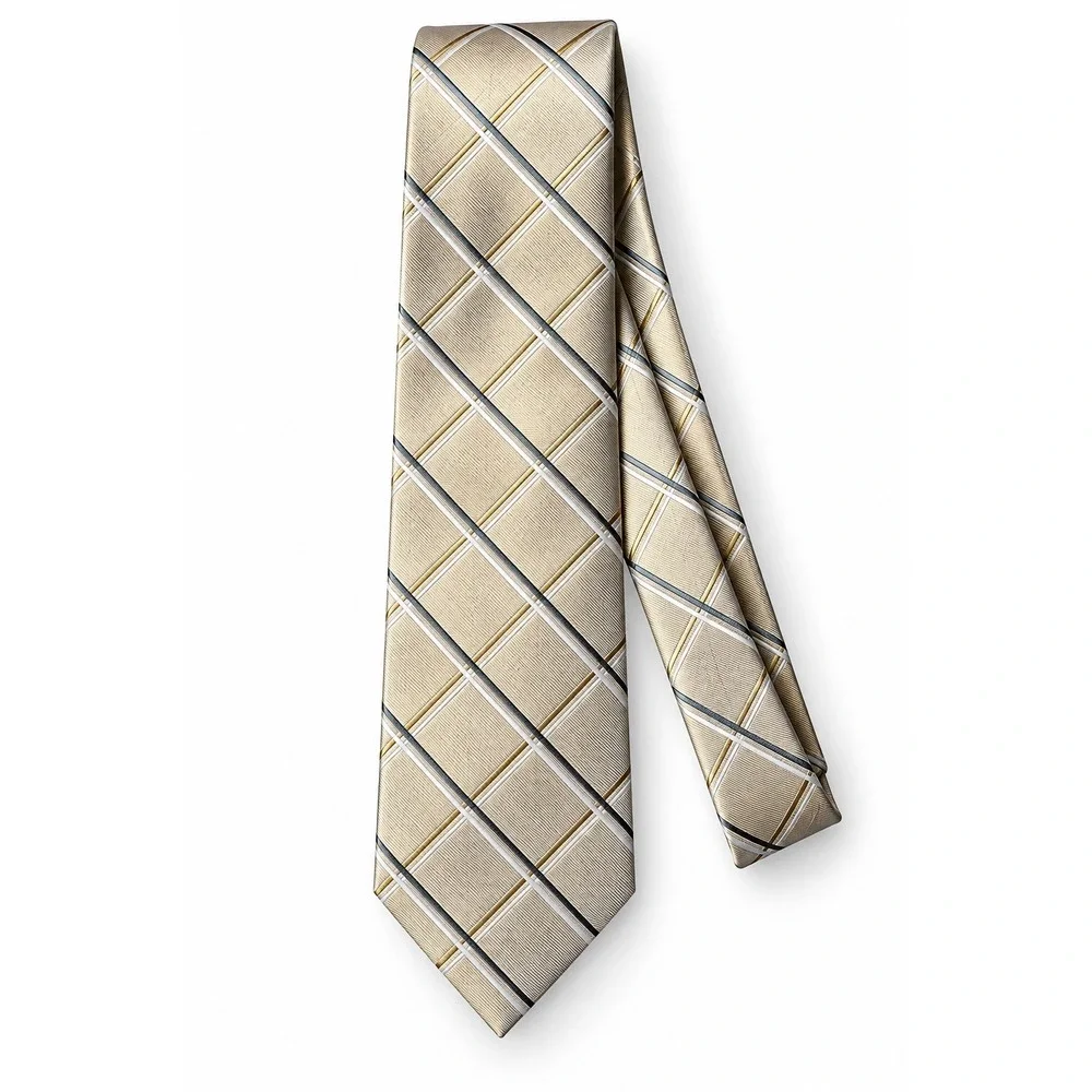 Claiborne Mens Silk Tie Gold Navy Blue White Diagonal Plaid Check Necktie